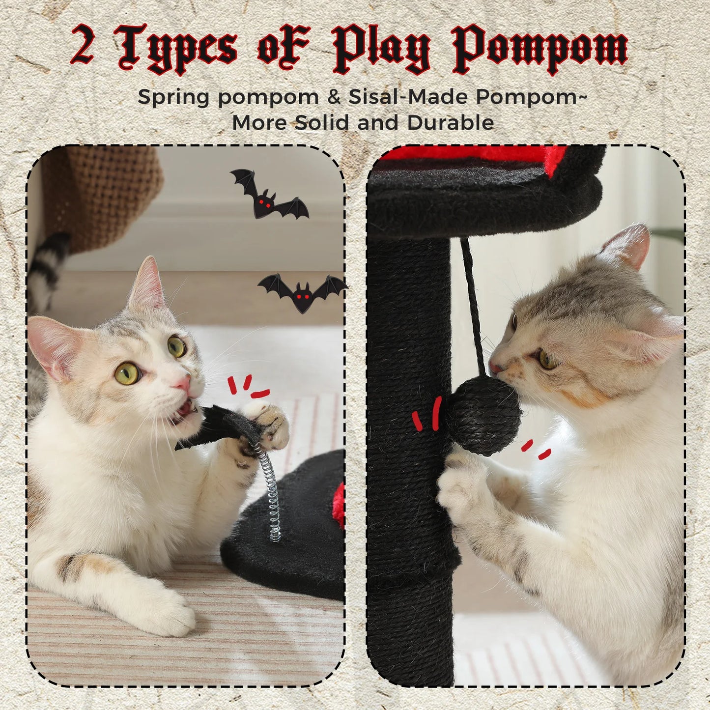 Stable Black Gothic Cat Scratching Post with Super Thick Scratching Post,Removable Spiderweb Pattern Cat Bed,Spring Ball,Cat Toy