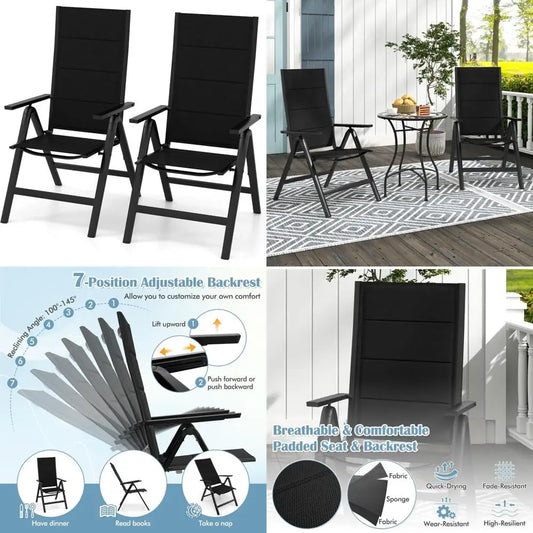 Patio Folding Chair Set of 2, Outdoor Dining Chairs with Cushioned Seats, Adjustable Backrest and Armrests