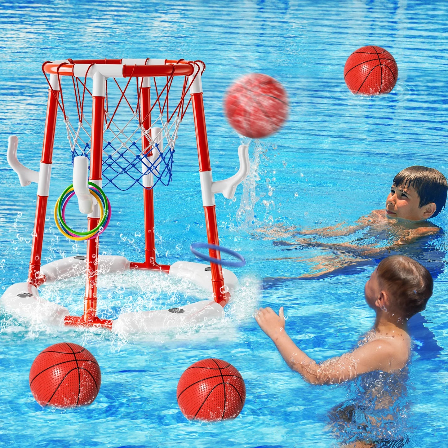 Summer Pool Basketball Hoop Toys, Floating Basketball Pool Game Swimming Floats Toys With 4 Balls Outdoor Indoor Water Play Toys