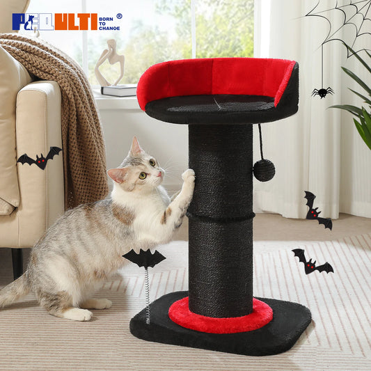Stable Black Gothic Cat Scratching Post with Super Thick Scratching Post,Removable Spiderweb Pattern Cat Bed,Spring Ball,Cat Toy