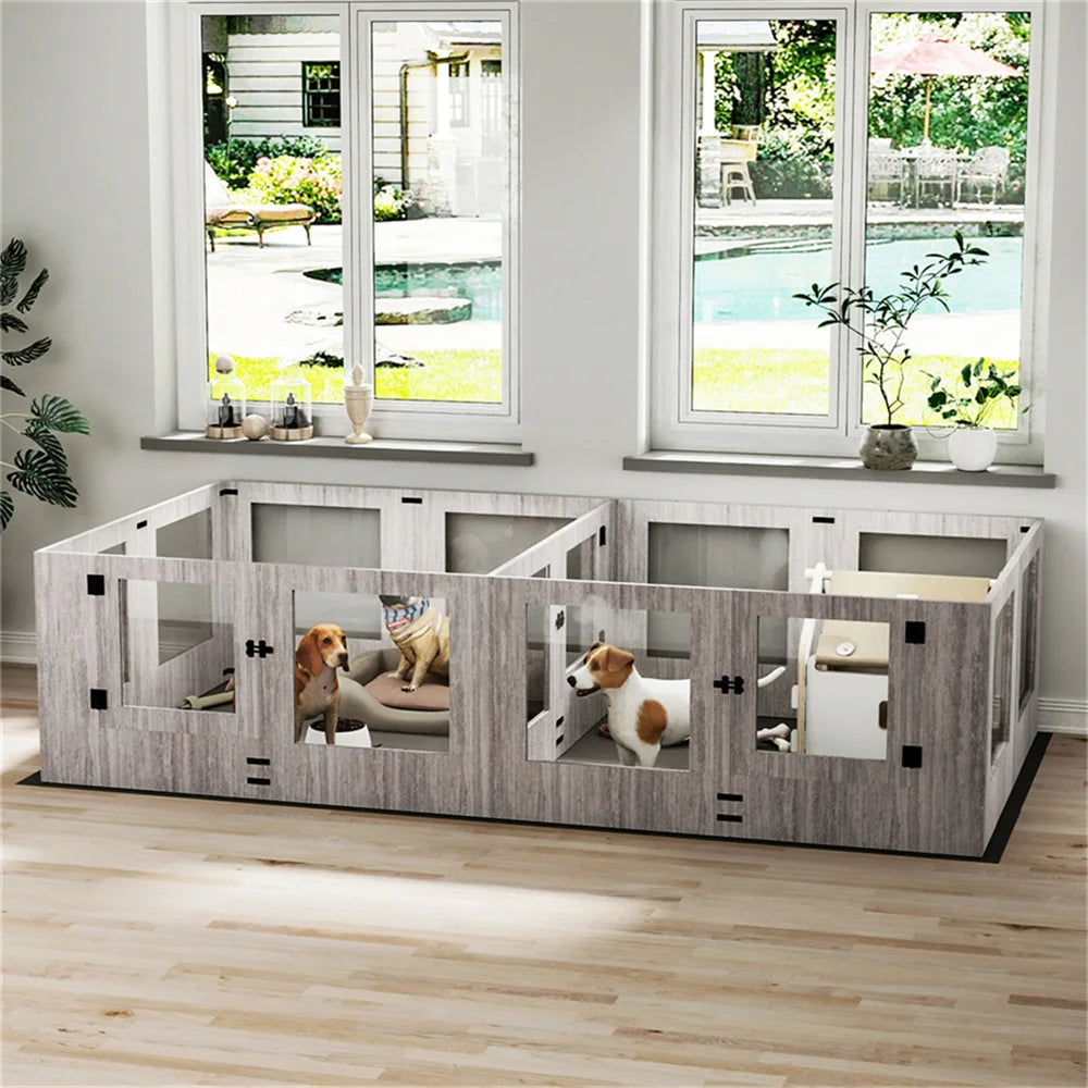 XXL Dog Whelping Box Playpen Indoor Tempered Glass Pet Two Rooms Giving Birth Kennel Playpen with Rails Waterproof Fertility Pad