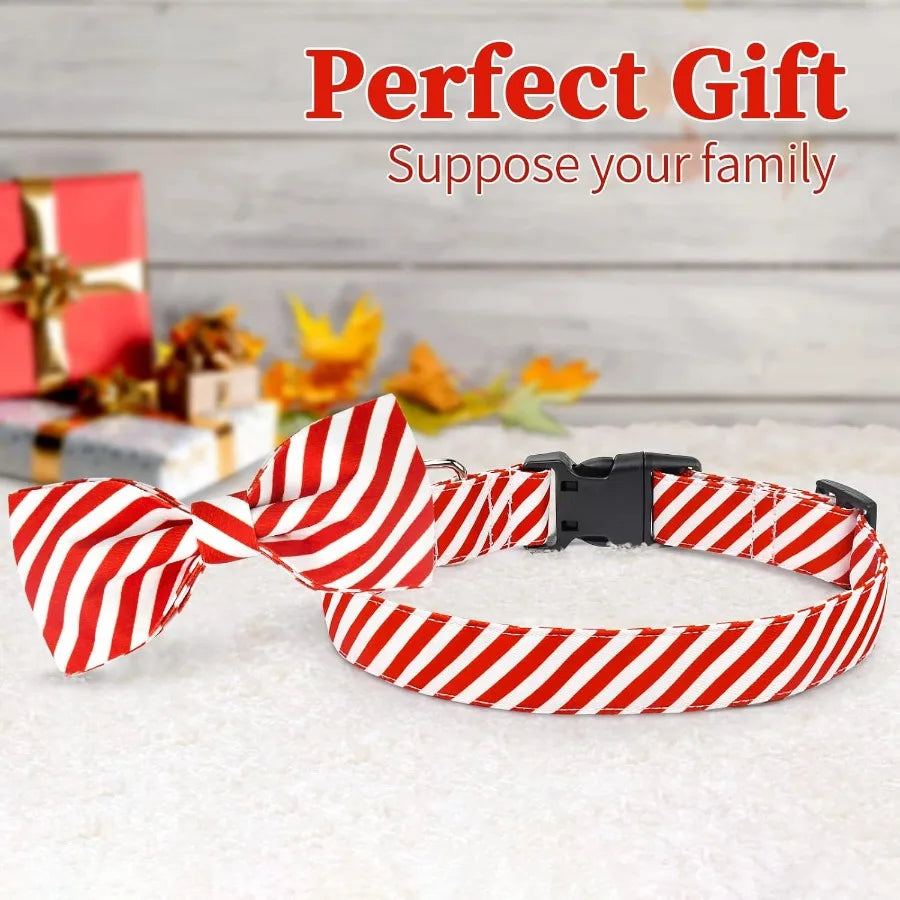 2 Pack Christmas Collar with Bowtie Classic Stripe Dog Christmas Collar for Girl and Boy Cute Adjustable Collars for Small Medi