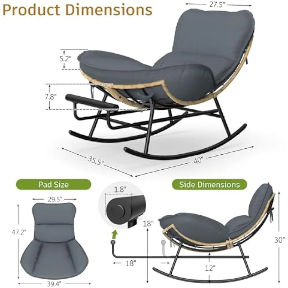 Rocking Chair - Oversized Metal Frame Rocking Chair with All Weather PE Wicker Rattan Rocker and Footrest for Indoor, Patio