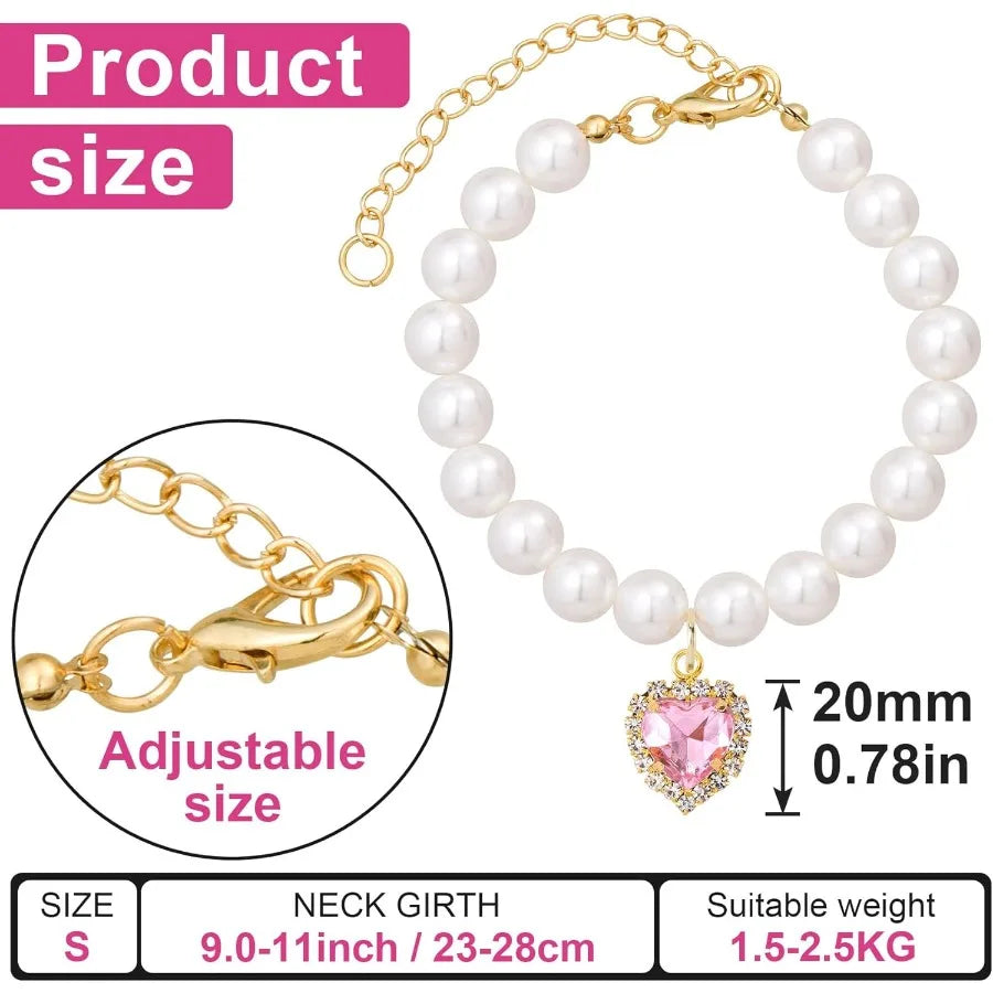 2pcs Cat Dog Pearl Collar Small Heart Shape Rhinestone Pet Necklace Adjustable Wedding Party Pet Jewelry Accessories for Puppy