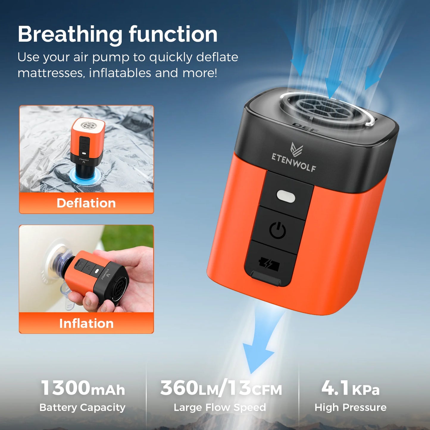 ETENWOLF AIR 3SE Electric Air Pump 2600mAh Camping Light Outdoor Pump for Air Mattress Pool Floats Sleeping Pads