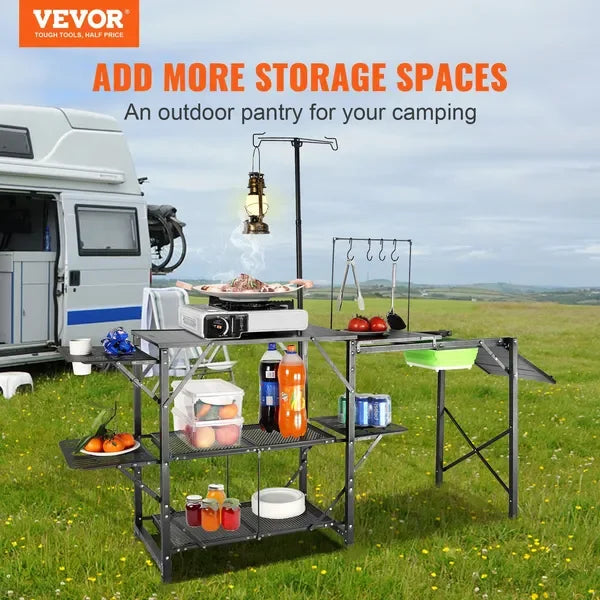 Camping Kitchen Table, Portable Cook Station, 3 Side Tables, 2 Shelves, Detachable Sink, Carrying Bag