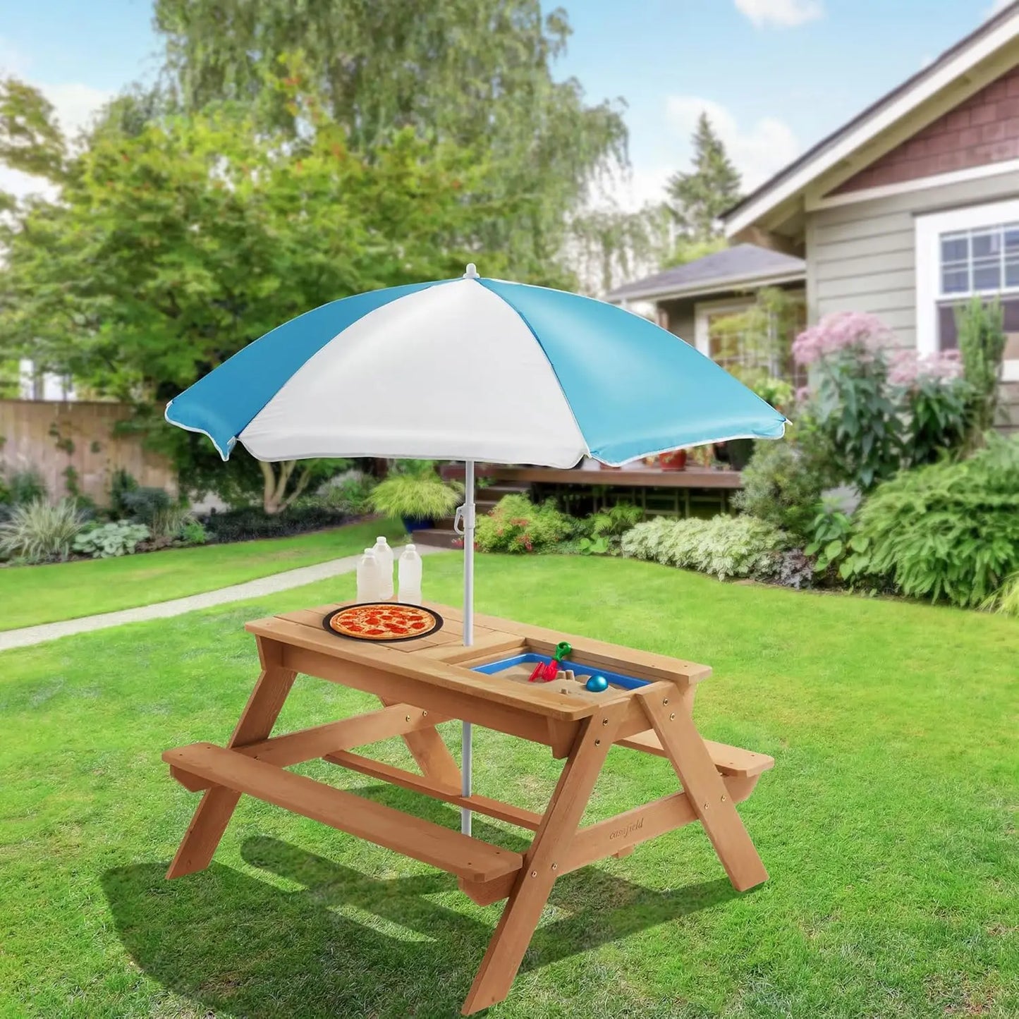 Children's Sand and Water Activity Table, 3-in-1 Wooden Outdoor Picnic Table with Umbrella, 2 Play Boxes and Removable Lid, Natu