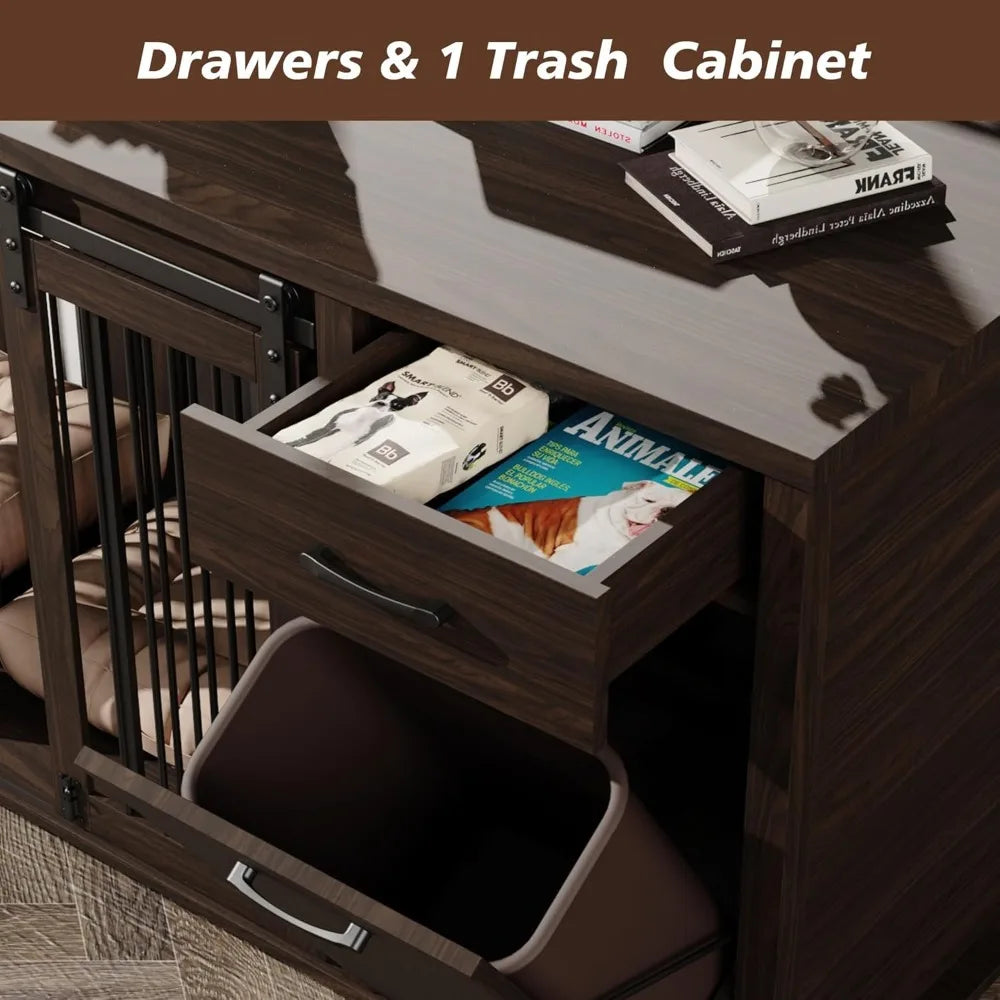 Large Wooden Double Dog Crate with Storage Drawers for 71 Inch, Suitable for Two Dogs