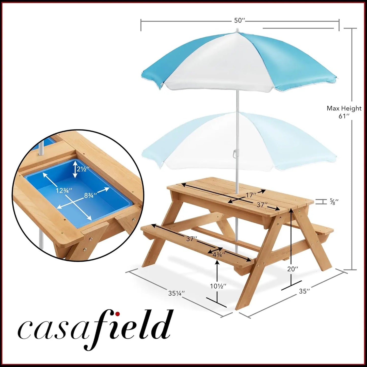 Children's Sand and Water Activity Table, 3-in-1 Wooden Outdoor Picnic Table with Umbrella, 2 Play Boxes and Removable Lid, Natu