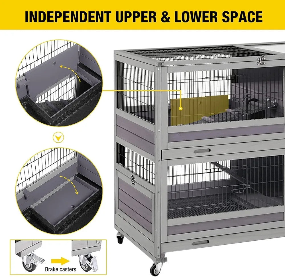 Rabbit Hutch Indoor Outdoor Bunny Hutch Pull Out Tray Guinea Pig Cage with Bottom Wire-Netting, On Wheels