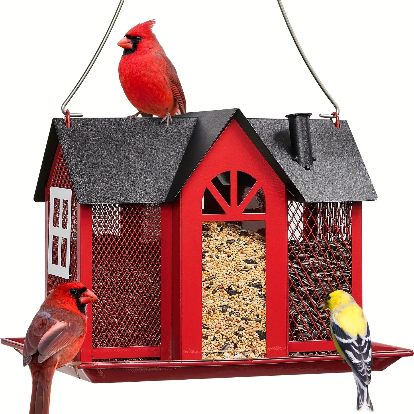 Spacious metal mesh bird feeder with triple compartments. Durable, easy to hang outdoors. Perfect gift for bird lovers.