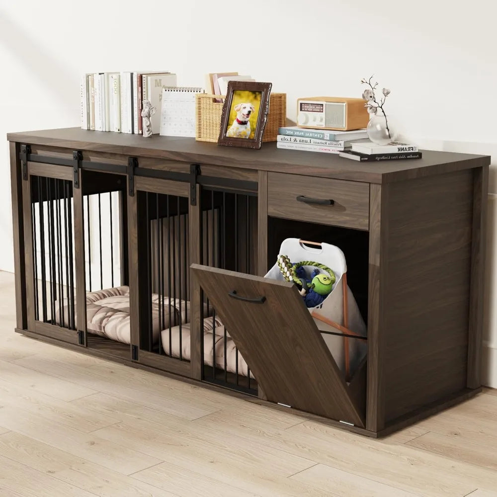 Large Wooden Double Dog Crate with Storage Drawers for 71 Inch, Suitable for Two Dogs