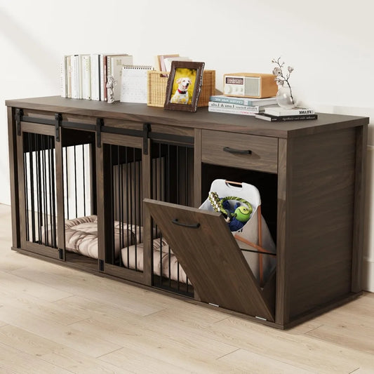 Large Wooden Double Dog Crate with Storage Drawers for 71 Inch, Suitable for Two Dogs