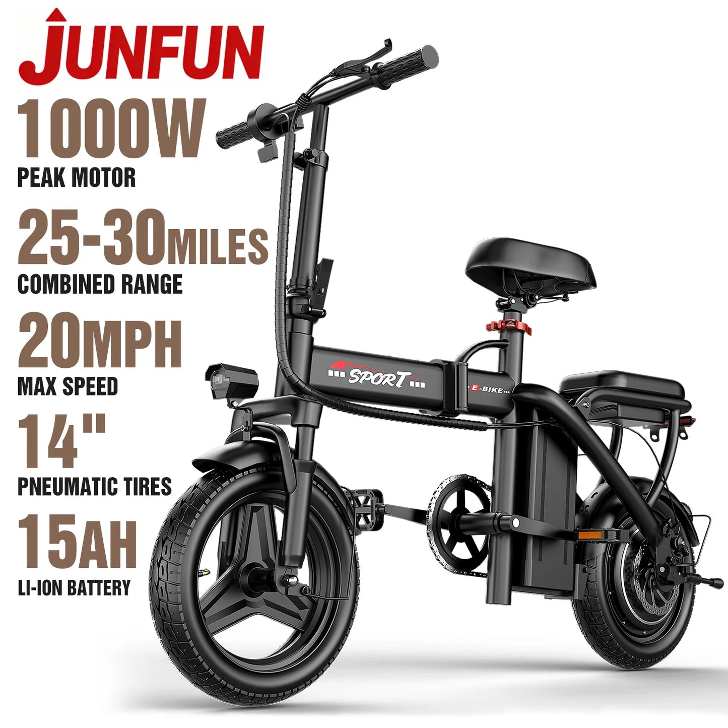 JUNFUN Electric Bike for Adults, 1000W Motor, 48V 15AH 14" Folding Mini Electric Bicycle E Bike for Adults Commute, City Road