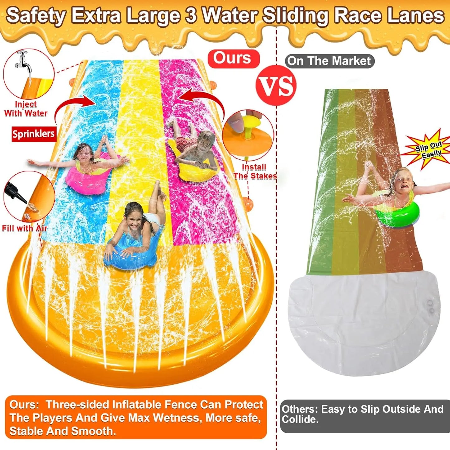 [ 3 Sided Safe Fence ] Extra Width Triple Slip Water Slide with 3-Way Sprinklers, Backyard Lawn Water Slides and 3 Bodyboards wi