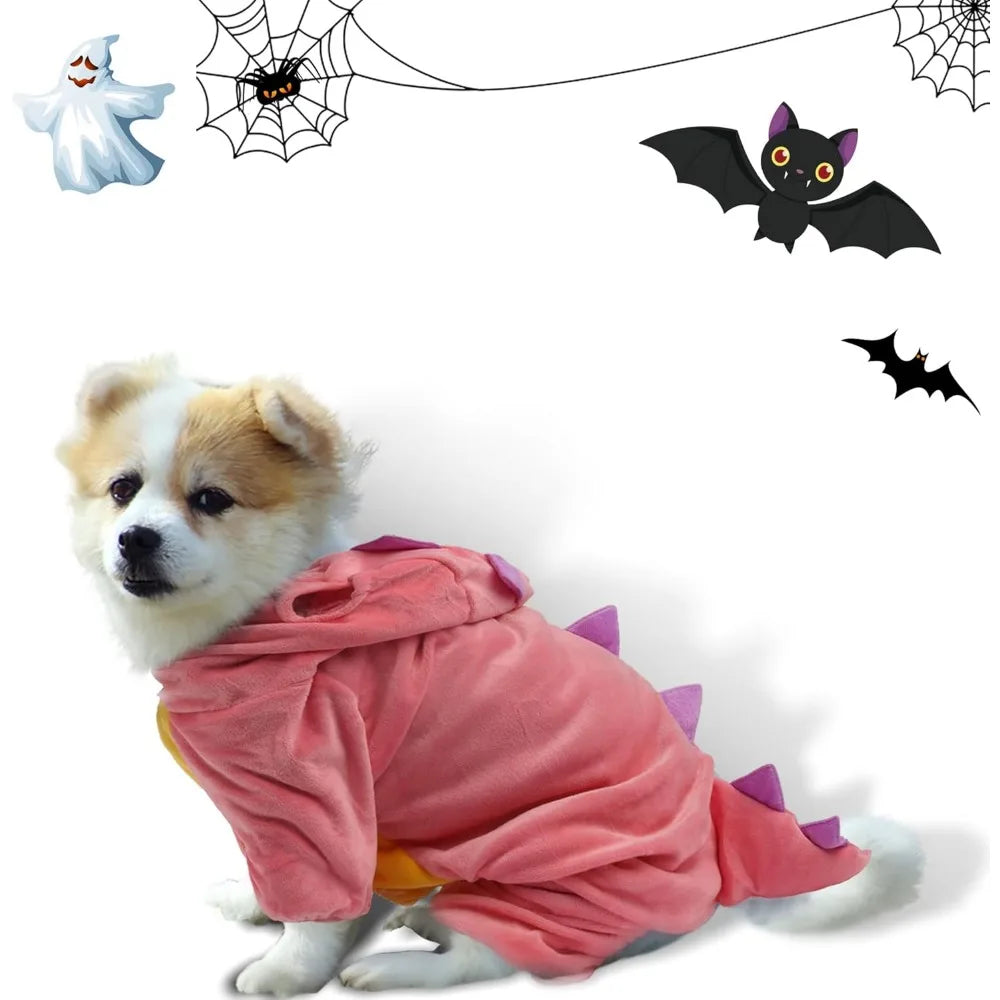 DELIFUR Dinosaur Dog Halloween Costume Pet Dino Hoodie for Small Dogs Cats (M, Pink)