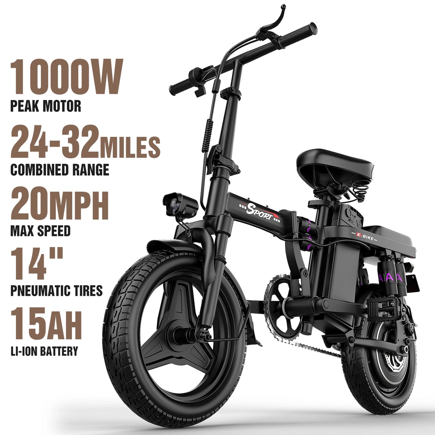 JUNFUN Electric Bike for Adults, 1000W Motor, 48V 15AH 14" Folding Mini Electric Bicycle E Bike for Adults Commute, City Road