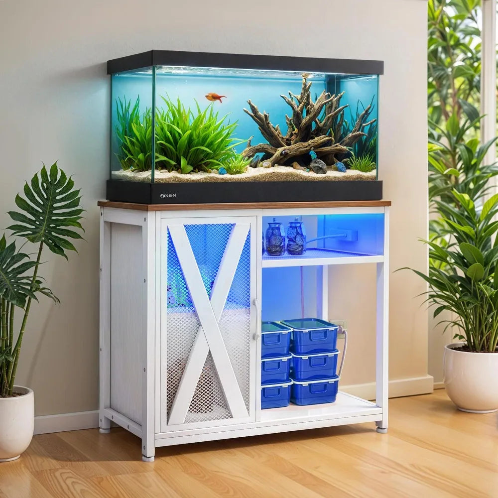 50 Gallon Fish Tank Stand LED Aquarium Cabinet w/ Shelves & Electrical Outlets