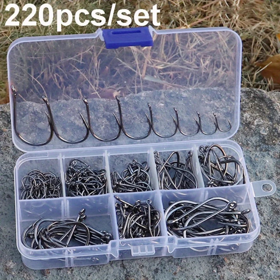 Ackibbik 220pcs/set Fishing Hooks Freshwater Saltwater Fishing Gear Fishing Tackle Large Size Set Worm Soft Bait Jig Fishhooks
