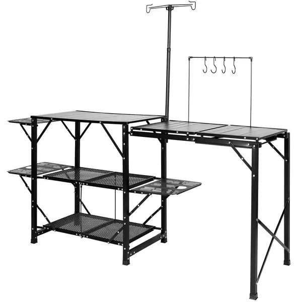 Camping Kitchen Table, Portable Cook Station, 3 Side Tables, 2 Shelves, Detachable Sink, Carrying Bag