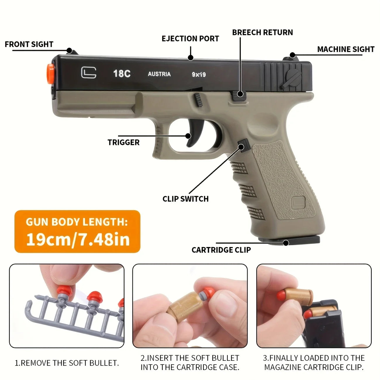 (USA shipment)Soft Bullet Toy Gun - Semi-Automatic Handgun with Shell Ejection and Auto Rebound， Tactical Target Shooting Game