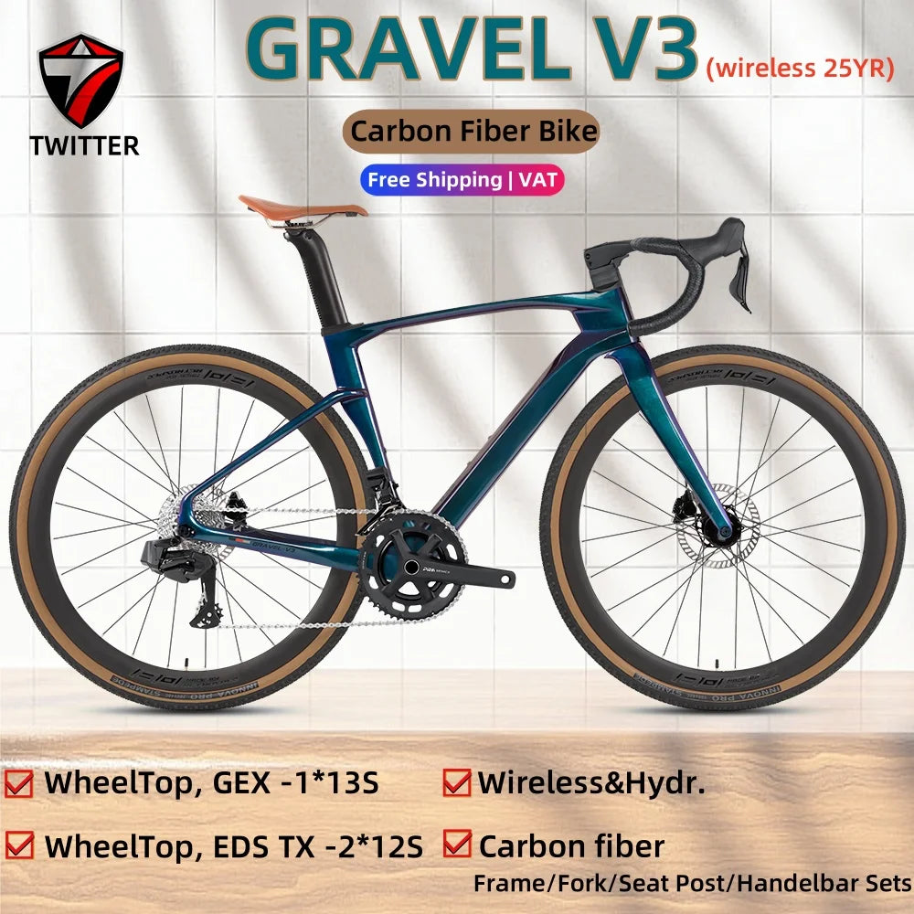 TWITTER Carbon Fiber Gravel Bike with Wireless Electronic Shifting 12/24 Speed Hydraulic Disc Brakes Mountain Bicycle For Men