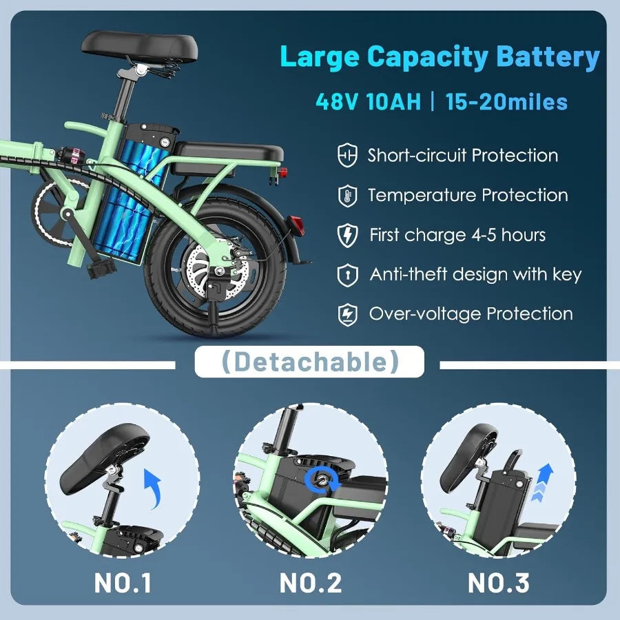 Foldable Electric Bike for Adults 14 Folding E-Bike with 500W Peak Motor Electric Bicycle with 48V Removable Battery UL 2849 Ce