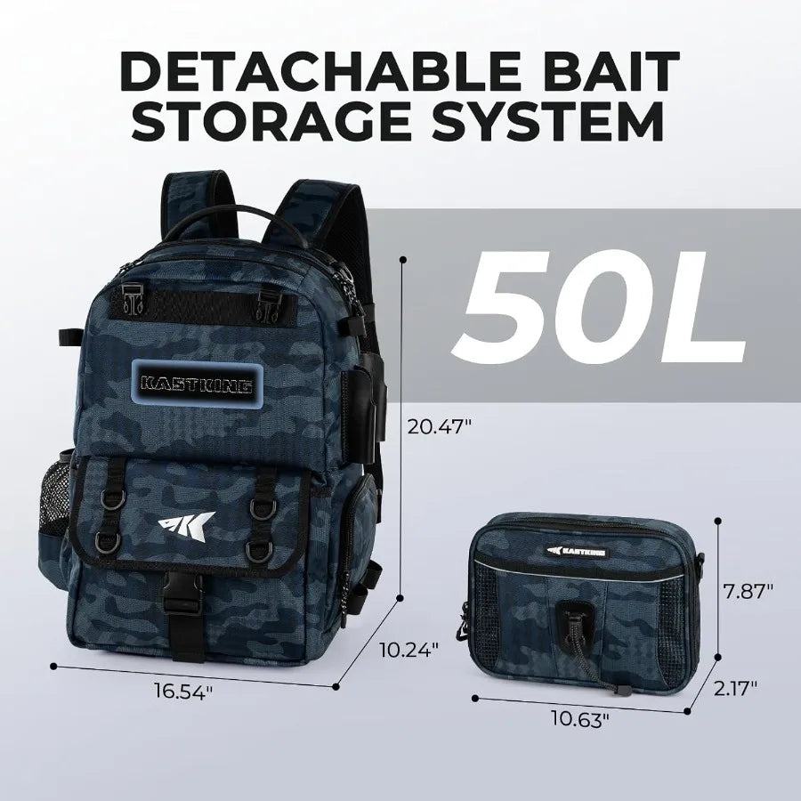 BaitSpace 50L Fishing Tackle Backpack with Removable Bait Binder 2 Rod Holders Durable Storage for Fishing Gear and Equipment I