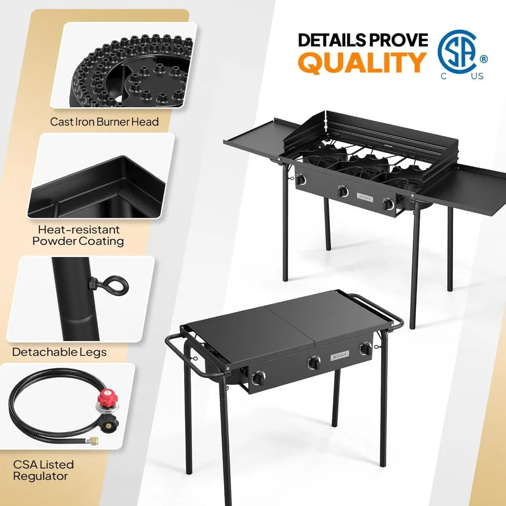 3 burner gas stove, 2 side shelf, 225,000BTU portable propane stove, regulator for camping, home backyard outdoor cooking