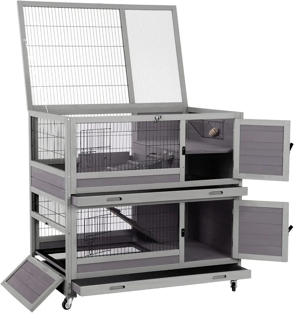 Rabbit Hutch Indoor Outdoor Bunny Hutch Pull Out Tray Guinea Pig Cage with Bottom Wire-Netting, On Wheels