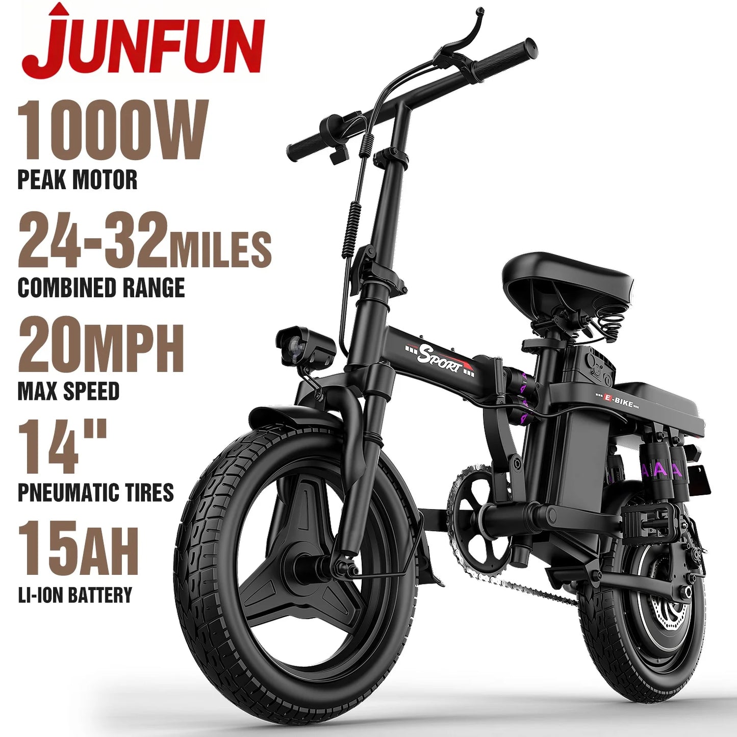 JUNFUN Electric Bike for Adults, 1000W Motor, 48V 15AH 14" Folding Mini Electric Bicycle E Bike for Adults Commute, City Road
