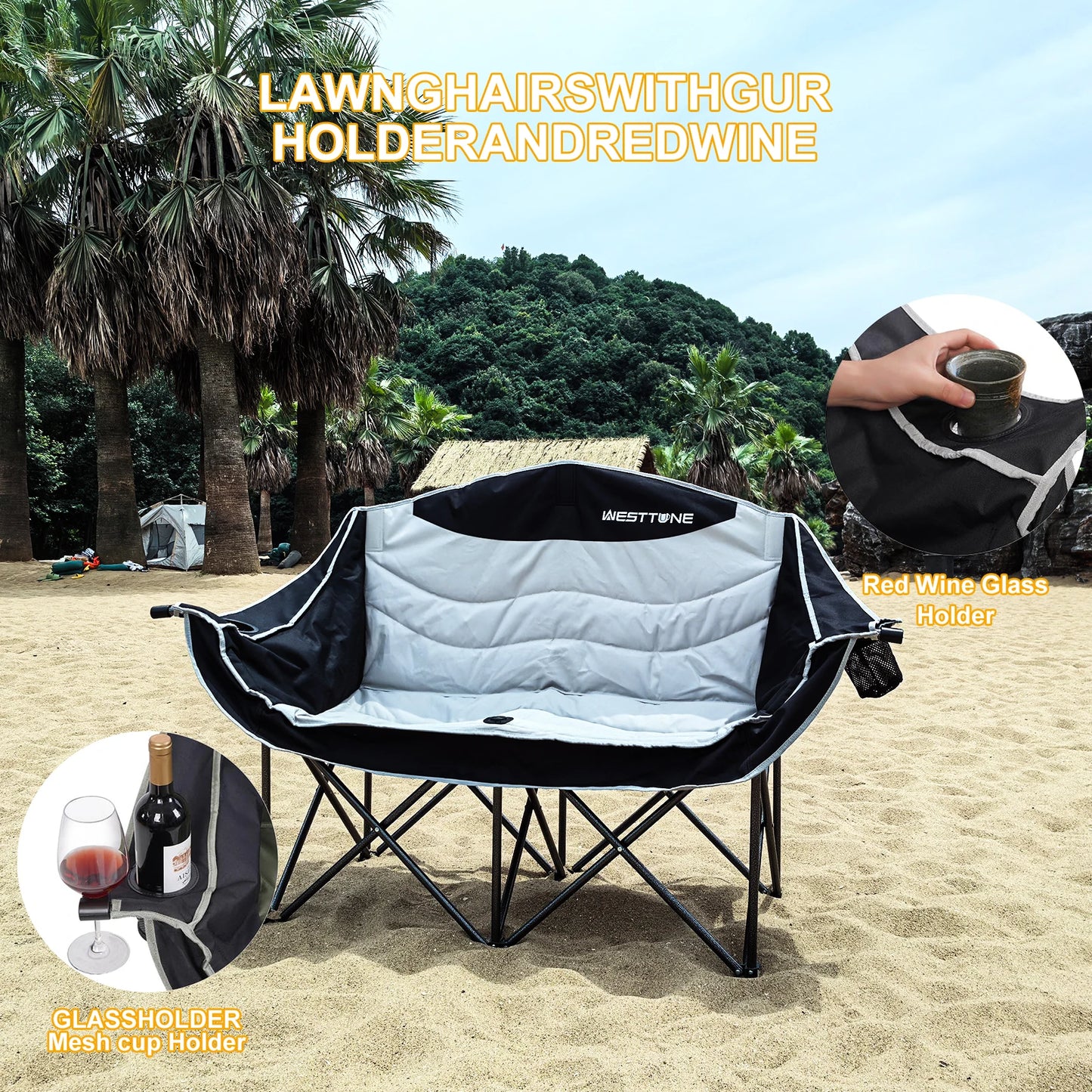 WESTTUNE Double Camping Chair Oversized Loveseat Outdoor Couch Heavy Duty Outdoor Folding Chair with Cup Holder Support 440 lbs