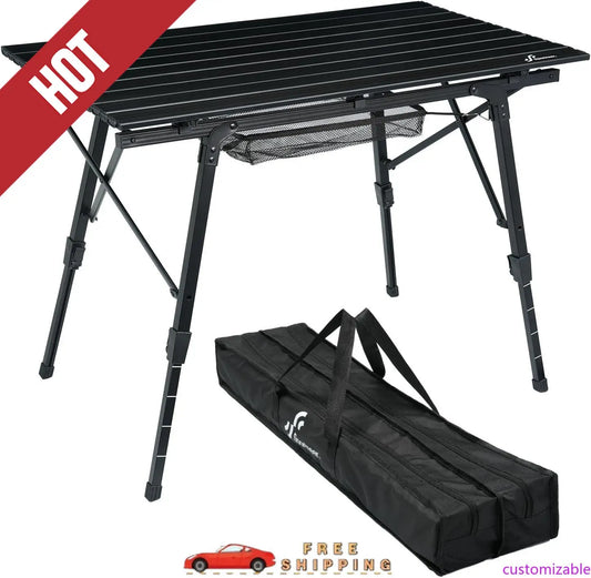 Customizable Camping Tables That Fold Up Lightweight, Adjustable Height Aluminum Folding Table with Top Mesh Layer, Roll Up Camp