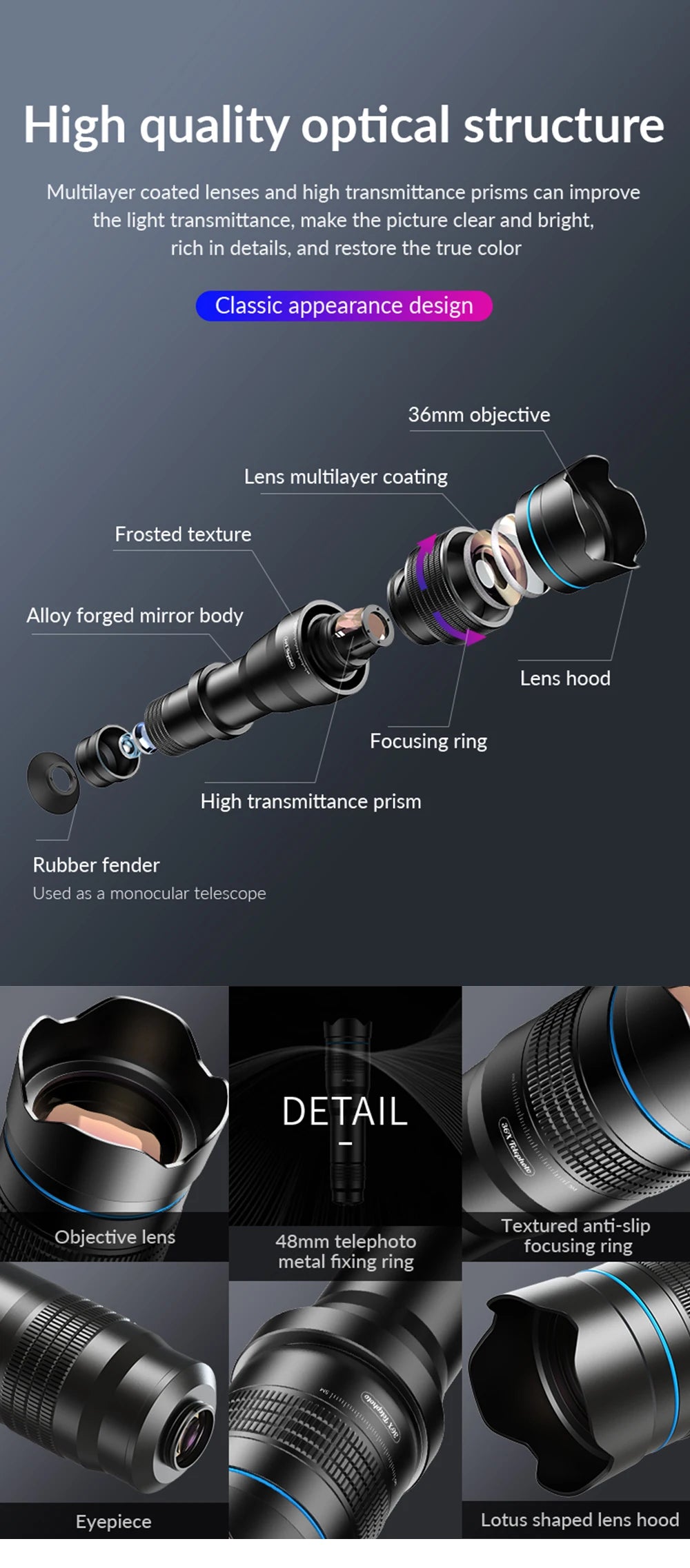 APEXEL 36X Metal Telephoto Lens with Tripod Zoom Telescope Monocular  for iPhone Samsung Shooting Birds Watching Concert Sports