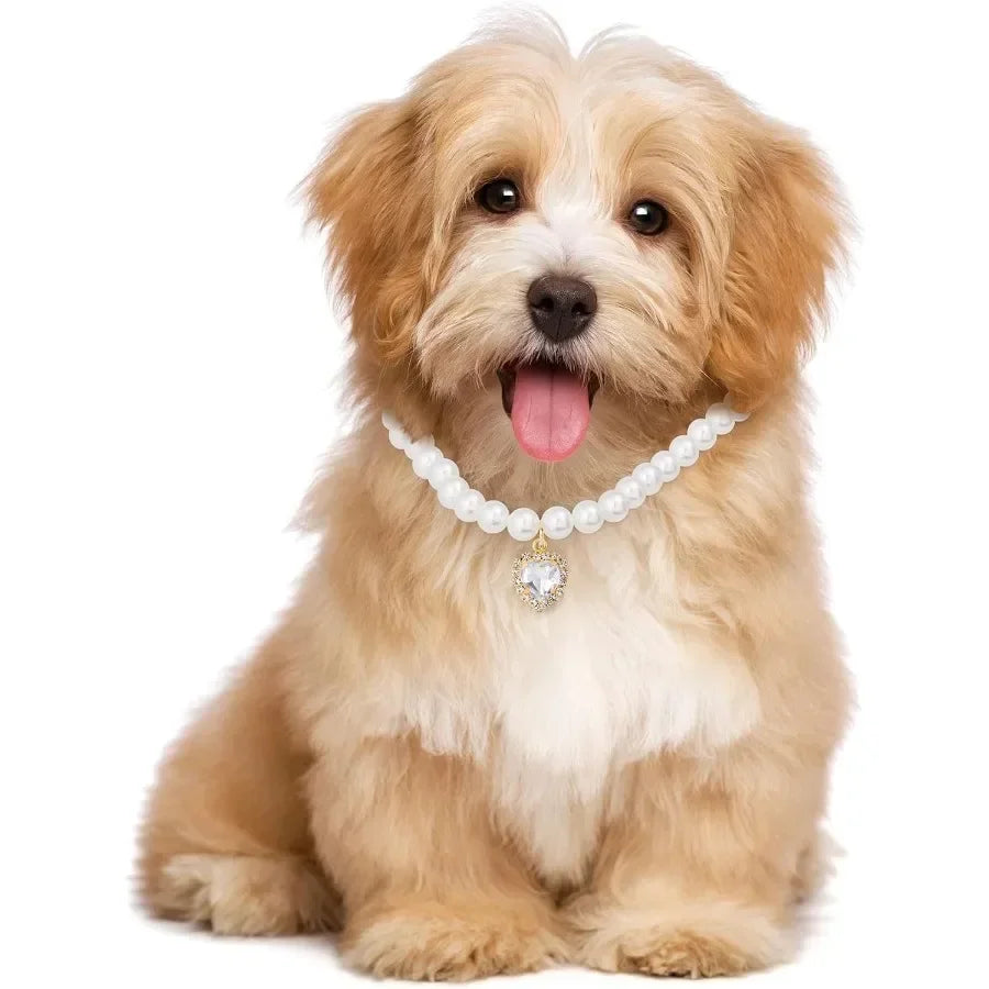 2pcs Cat Dog Pearl Collar Small Heart Shape Rhinestone Pet Necklace Adjustable Wedding Party Pet Jewelry Accessories for Puppy
