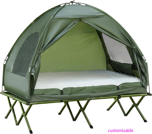 2 Person Foldable Camping Cot with Tent, Bedspread and Thick Air Mattress, 4-in-1 Elevated Camping Bed Tent for Outdoor Hiking