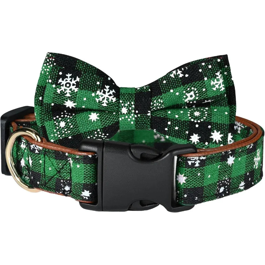 Adjustable Christmas Dog Collar Girl Boy with Detachable Bowtie Classic Plaid Snowflake Dog Christmas Collar Soft Leather Cotto