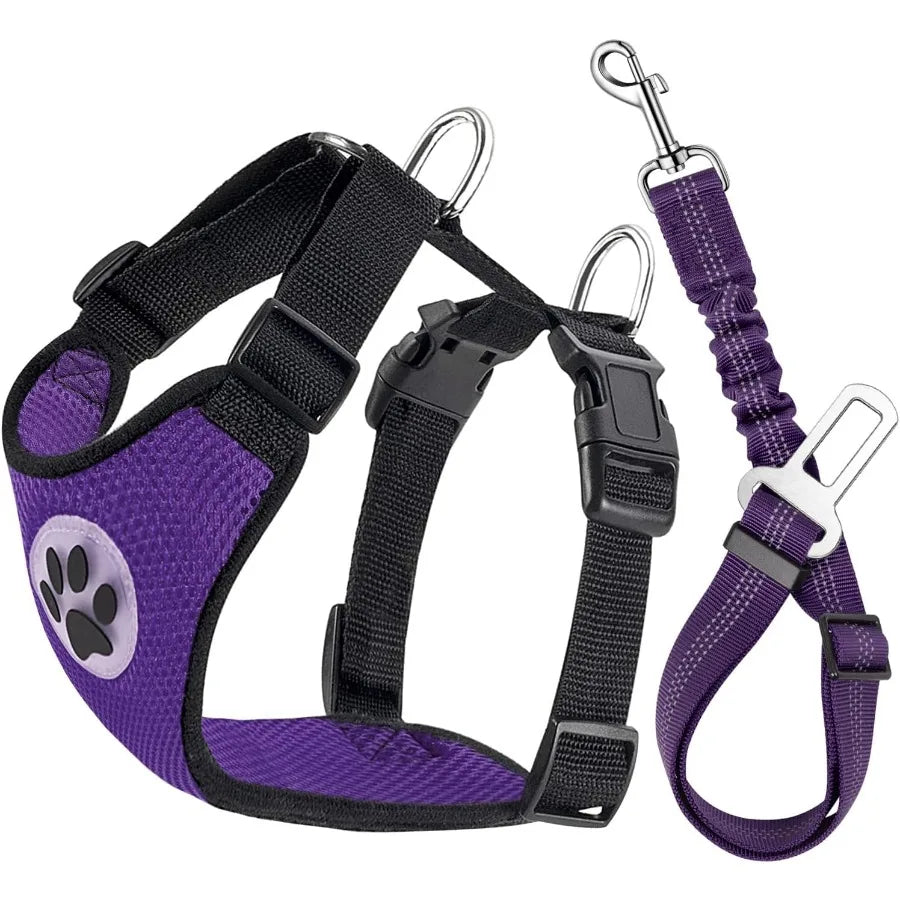 Dog Safety Vest Harness with Seatbelt Seat Belt Adjustable Pet Harnesses Double Breathable Mesh Fabric with Car Vehicle Connect
