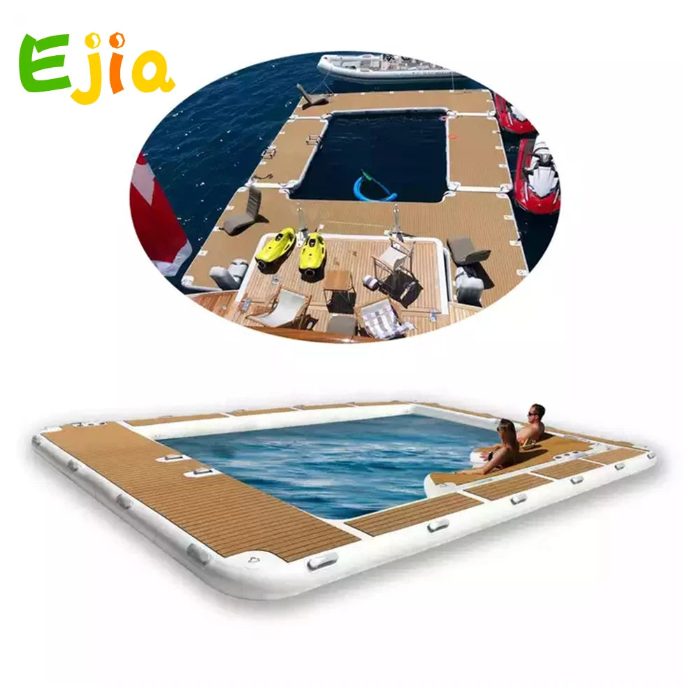 Inflatable Floating Swimming Pool Inflatable Dock Floating Platform 13x10ft Inflatable Sea Pool with Net for Yacht Boats Water
