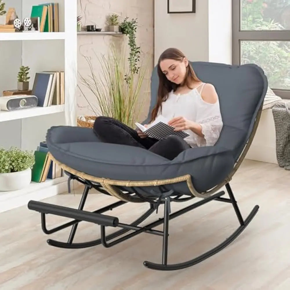 Rocking Chair - Oversized Metal Frame Rocking Chair with All Weather PE Wicker Rattan Rocker and Footrest for Indoor, Patio
