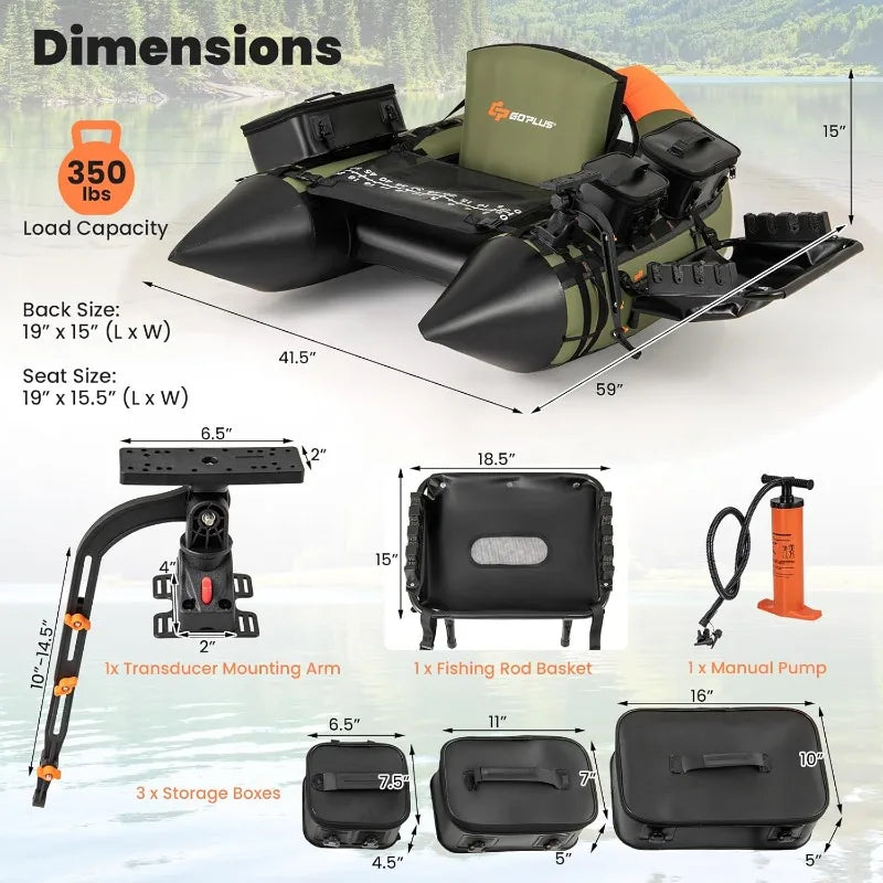 Goplus Inflatable Float Tube, Fishing Belly Boat w/ Fish Ruler,Pump,Storage Bag,Adjustable Straps,Fishing Float Tube for Angling