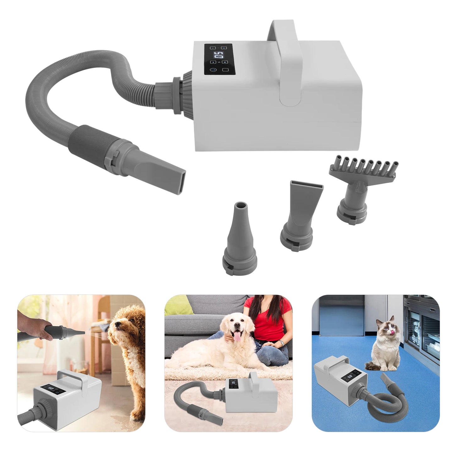 2200W Pet Grooming Dryer for Dogs & Cats, 7 Speed Settings, Adjustable Temp, 4 Nozzles, LCD Display & Overheat Protection