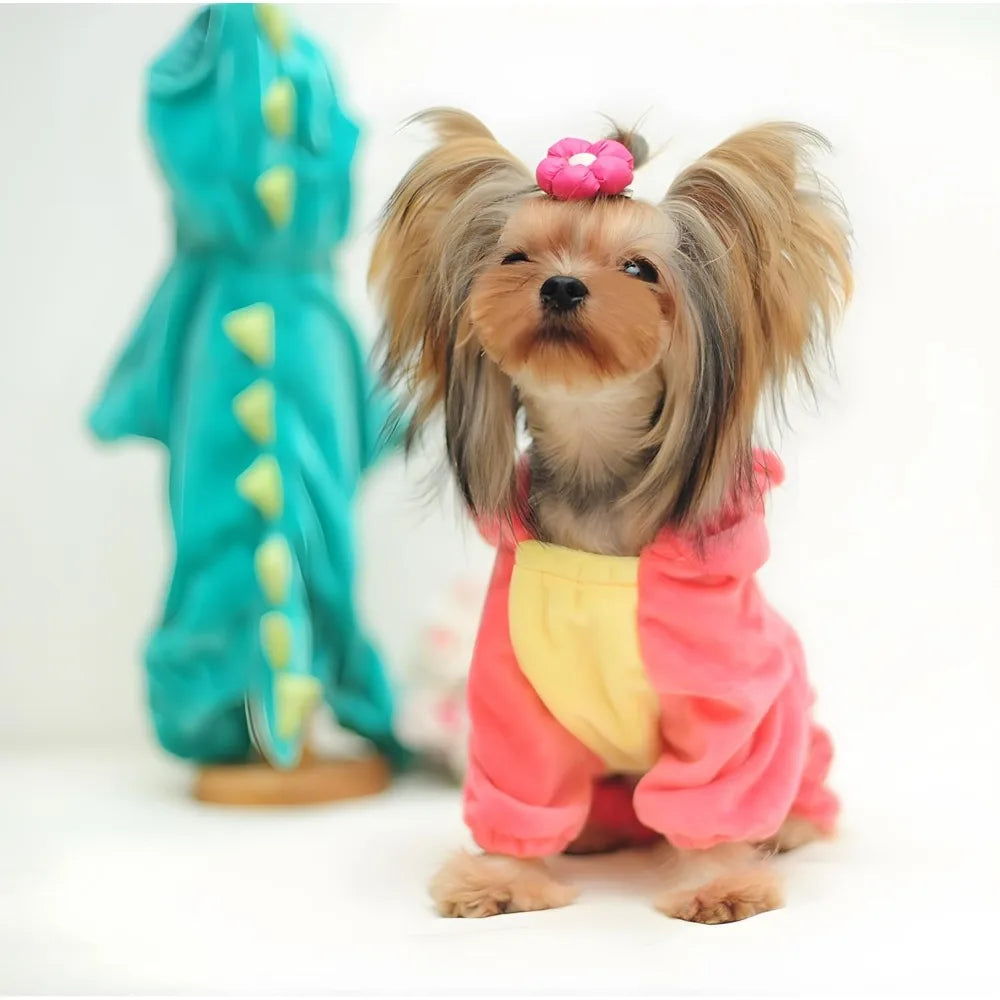 DELIFUR Dinosaur Dog Halloween Costume Pet Dino Hoodie for Small Dogs Cats (M, Pink)
