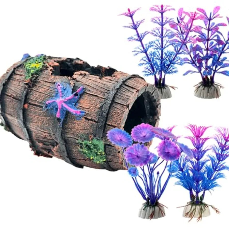 Faeshoo Fish Tank Decoration Betta Fish Tank Decorations Accessories for Aquarium Tank Starfish Barrel x 1pc Aquatic Plants x 4