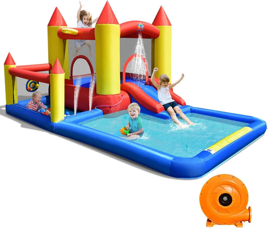 Inflatable Water Slide Castle Kids Bounce House Indoor & Outdoor w/ 480W Blower