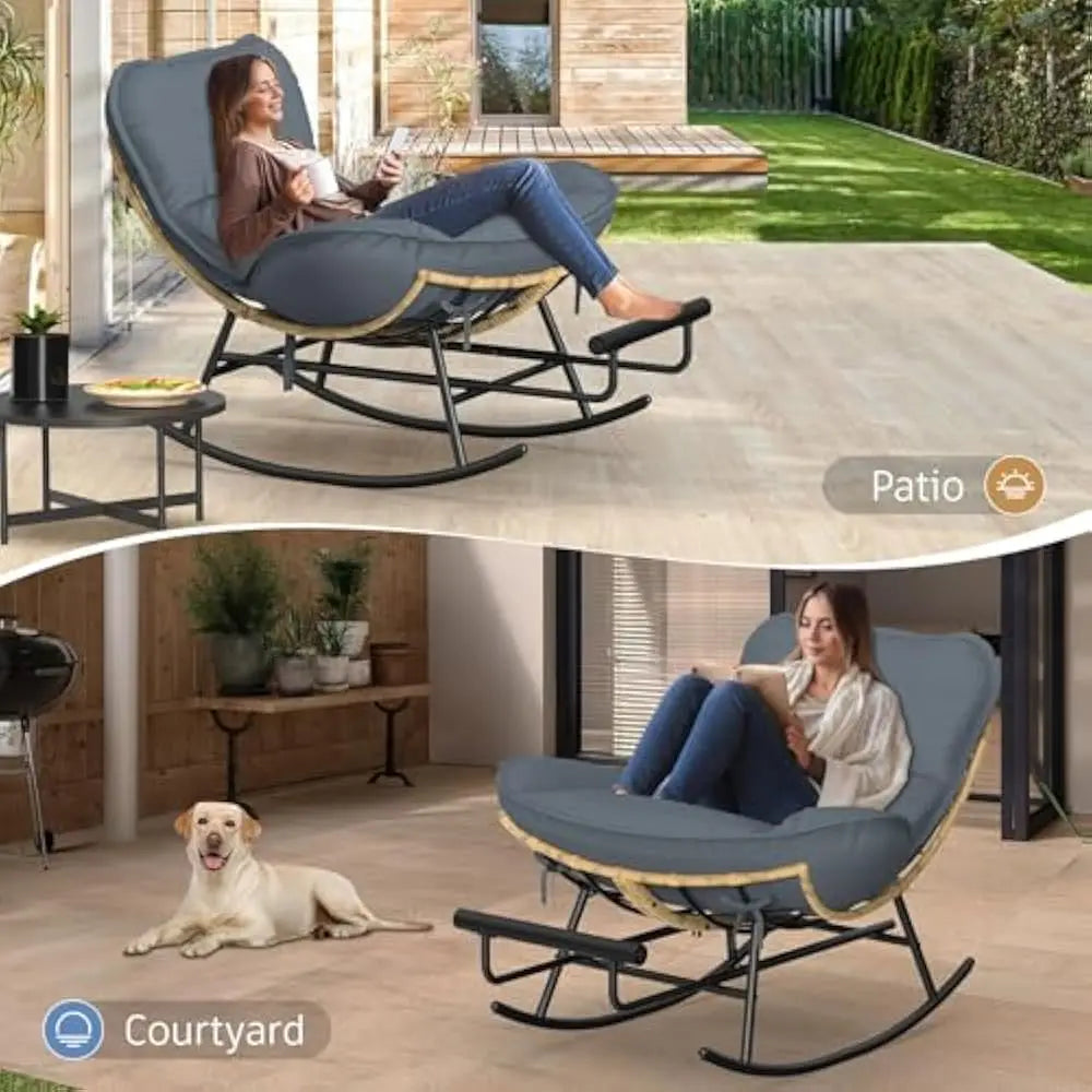Rocking Chair - Oversized Metal Frame Rocking Chair with All Weather PE Wicker Rattan Rocker and Footrest for Indoor, Patio