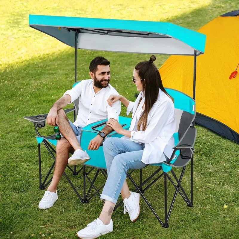 Tangkula Loveseat Camping Chair with Adjustable Shade Canopy,Portable Beach Chair,Carrying Bag,Foldable Double Lawn Chair (Navy)