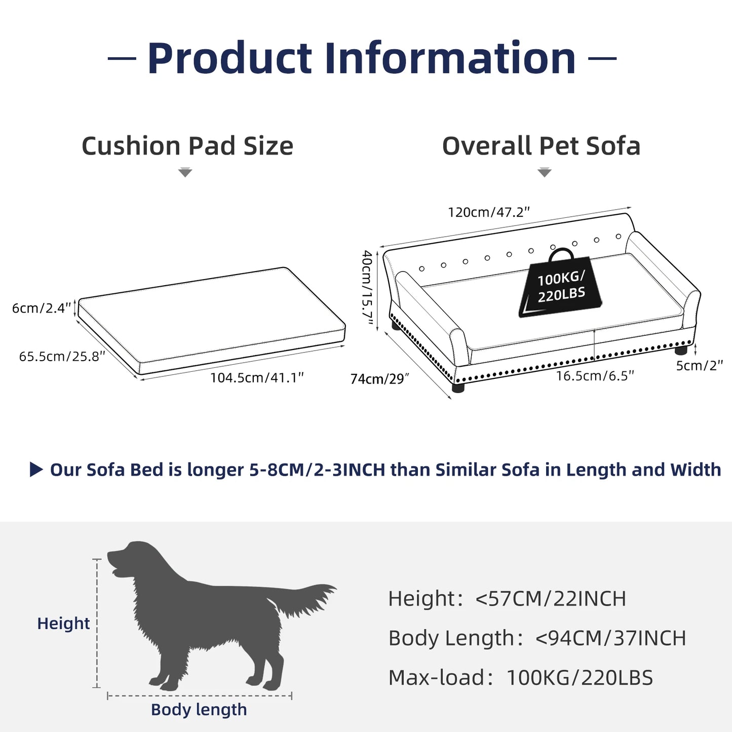 Luxury Velvet Tufted Dog Sofa Bed Large Elevated Pet Bed Upholstered Cushion Wooden Frame Sofa Couch