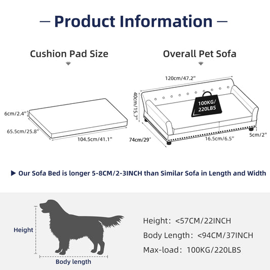 Luxury Velvet Tufted Dog Sofa Bed Large Elevated Pet Bed Upholstered Cushion Wooden Frame Sofa Couch