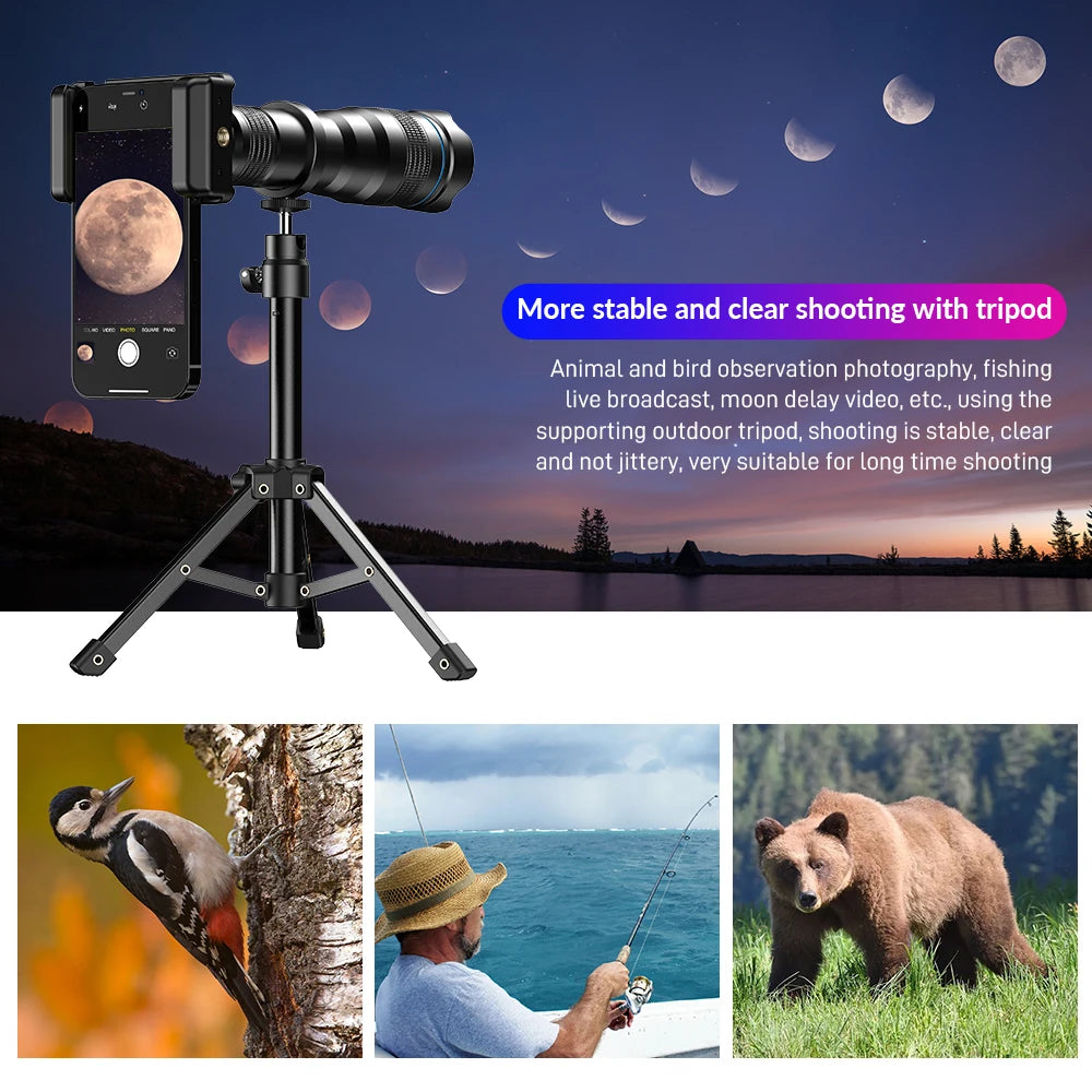 APEXEL 36X Metal Telephoto Lens with Tripod Zoom Telescope Monocular  for iPhone Samsung Shooting Birds Watching Concert Sports